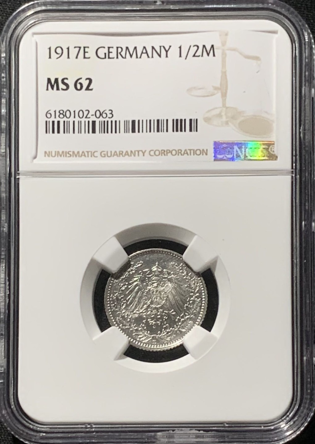 紫瑗钱币——第207期拍卖 德国 1917年 E版 第二帝国 1/2马克 银币 NGC MS62