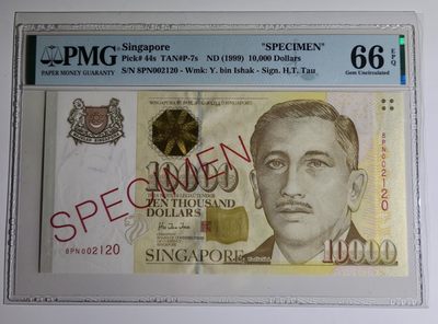 【Blue Auction】✨世界纸币精拍第158期——戏剧家莫里哀（共76拍）  - 新加坡 1999年10000元 PMG66EPQ 样钞 最高值