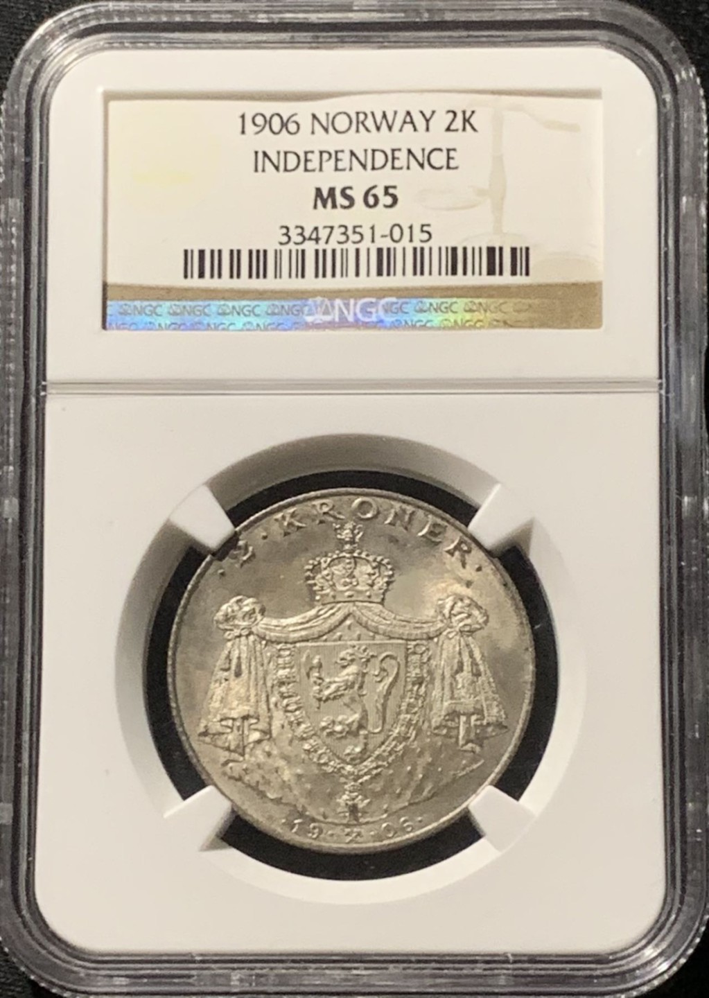 紫瑗钱币——第244期拍卖 挪威 1906年 挪威独立 2克朗 纪念币 银币 NGC MS65 凝霜包浆