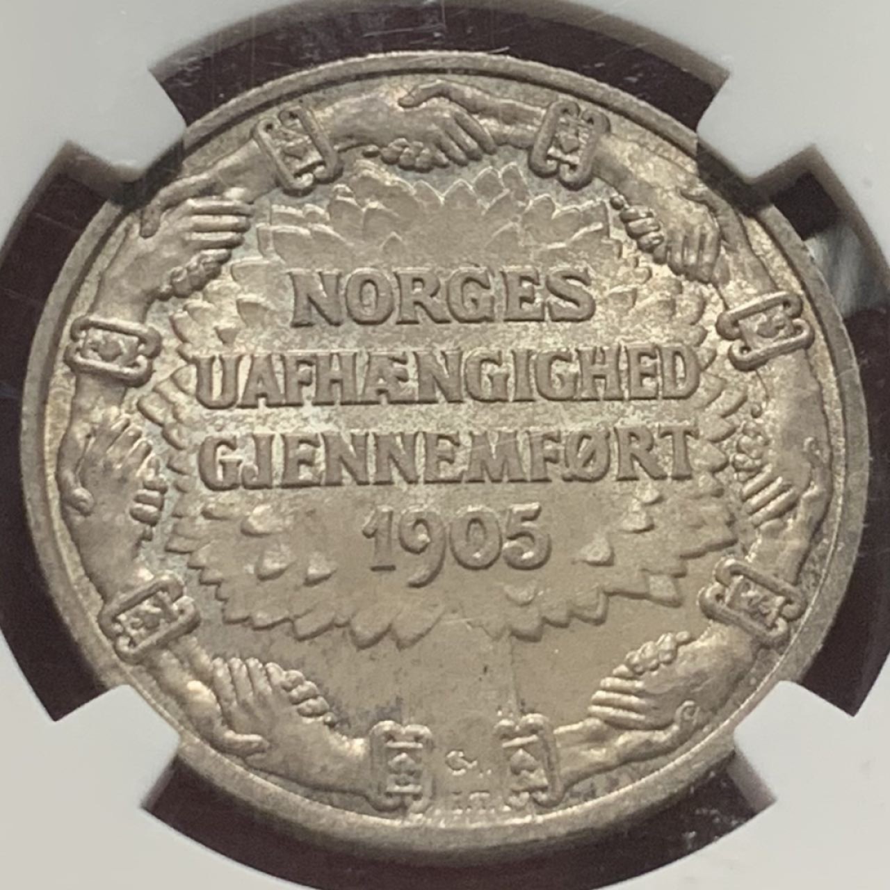 紫瑗钱币——第244期拍卖 挪威 1906年 挪威独立 2克朗 纪念币 银币 NGC MS65 凝霜包浆