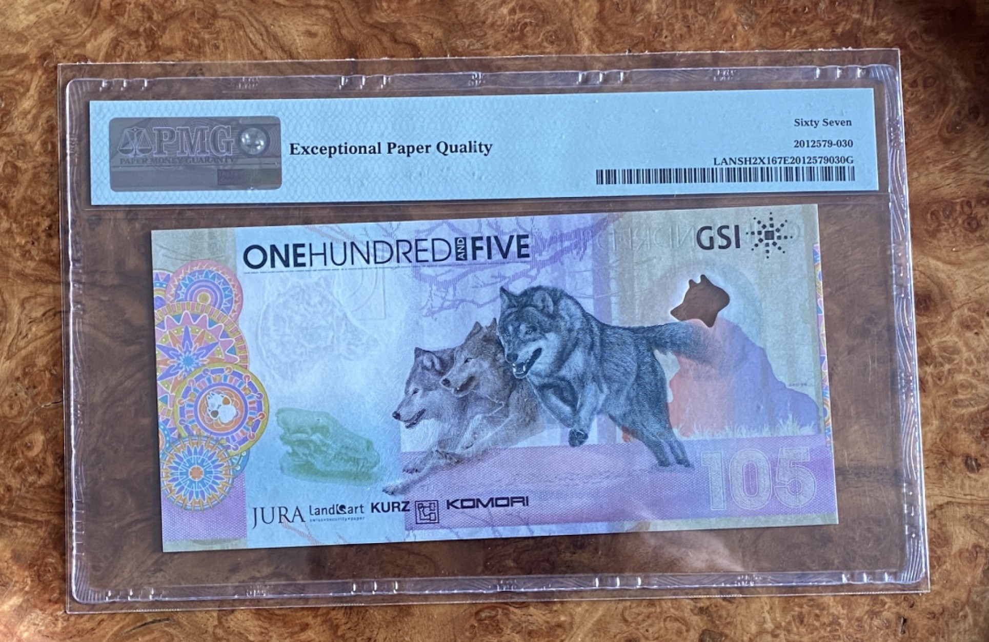 得物拍卖 Chase Auction  第2期 - -世界纸币精粹（二） 2015年经典狼钞测试钞105，PMG67分，双面雕刻，技术高超，制作精良！最经典的测试钞，极具欣赏和收藏价值！