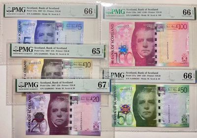 【Blue Auction】✨世界纸币精拍第159期——花园狮城（共80拍） - 【一组5张全套 AA冠全同203小号】苏格兰 2007年5-100镑 PMG65EPQ-67EPQ 