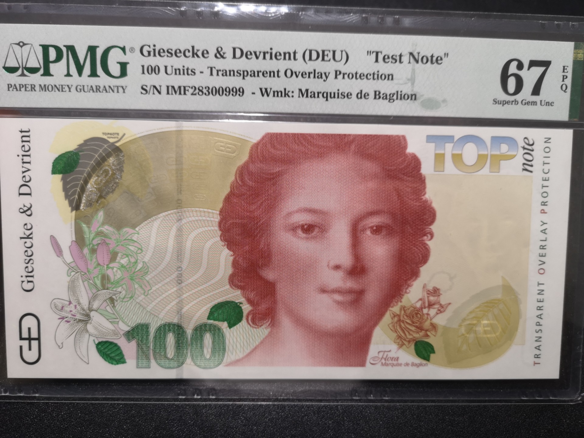 《外钞收藏家》第一百六十五期拍卖（本期80件） 2010年德国捷德公司 马奎斯夫人 测试钞 PMG67 赠送宣传册