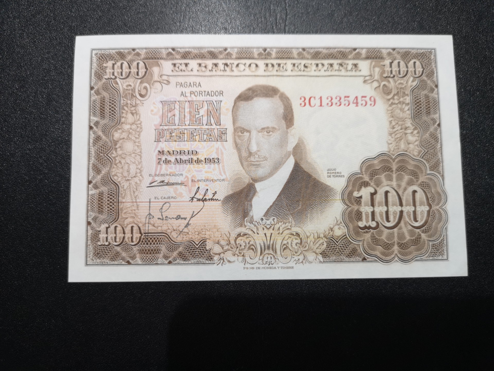 《外钞收藏家》第一百六十五期拍卖（本期80件） 1953年西班牙100比塞塔 近全新 瑕疵