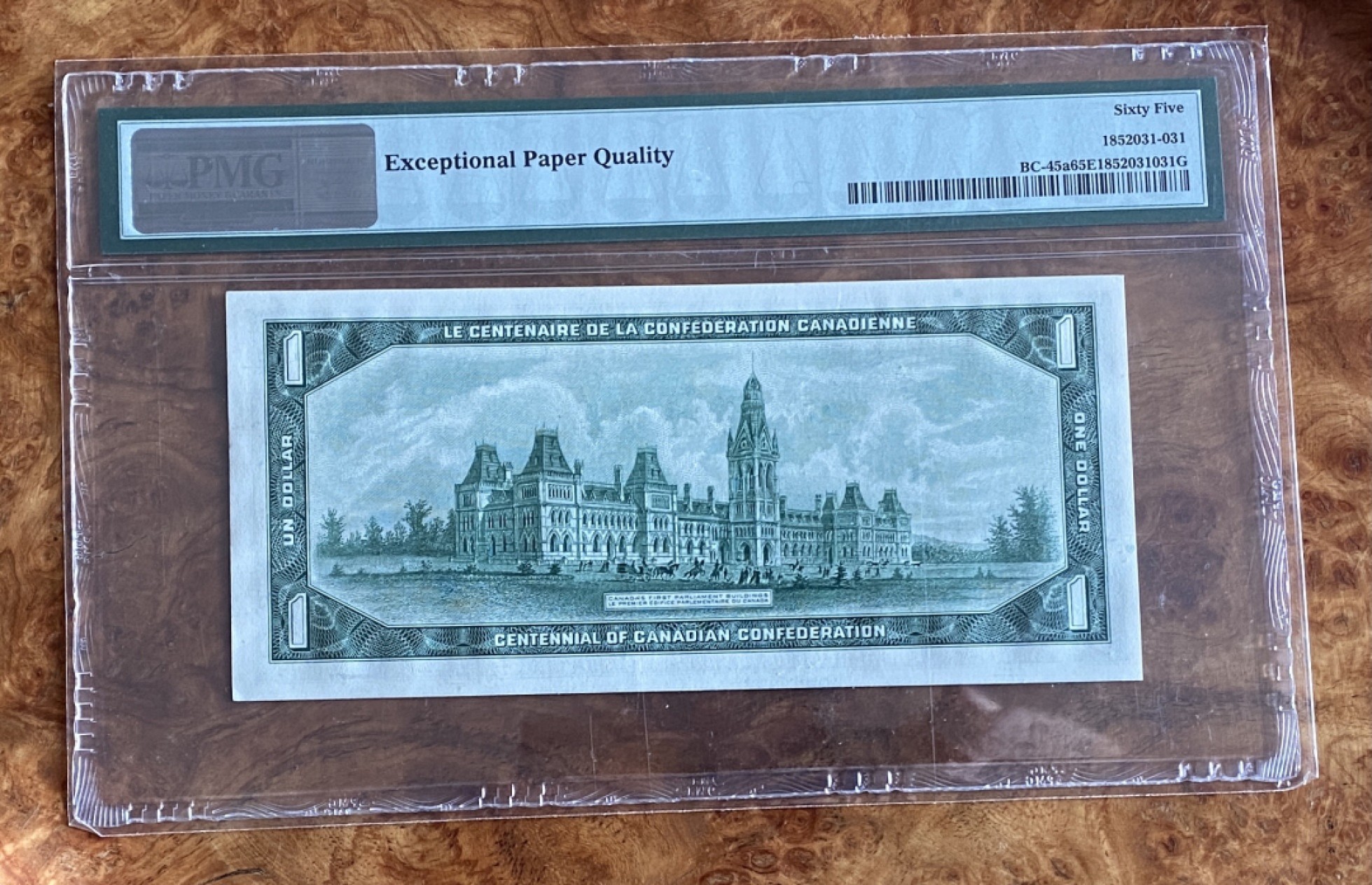 得物拍卖 Chase Auction  第2期 - -世界纸币精粹（二） 1967年加拿大建国100周年纪念钞，PMG65分！背面为加国最美建筑加拿大国会大厦！