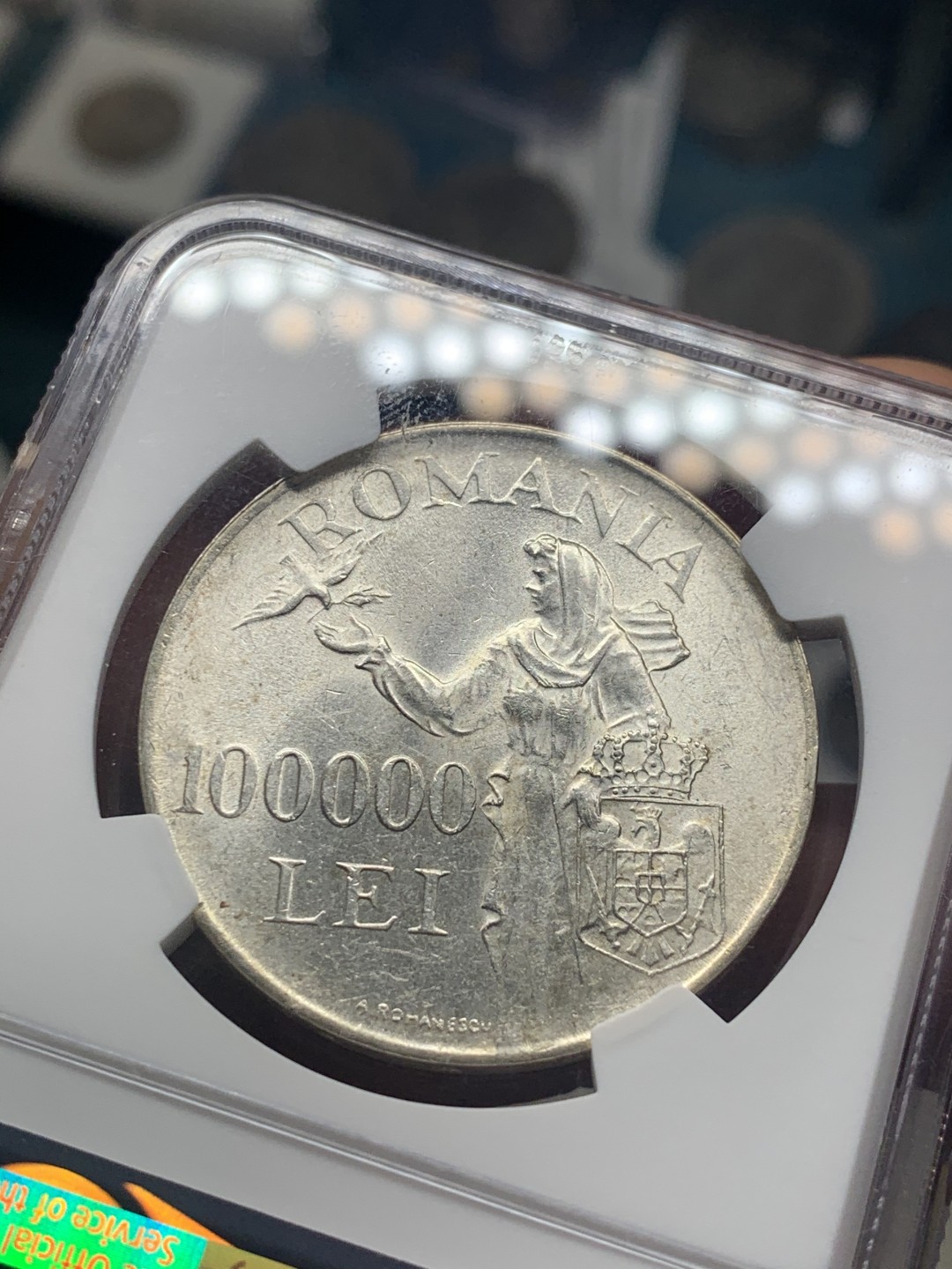 《竞宝斋》微拍-第32场-周日（全场顺丰包邮） NGC MS61 罗马尼亚王国 1946年 100000里拉 米哈伊一世大银币 罗马尼亚末代国王，大转光，仅发行一年，超大面值 