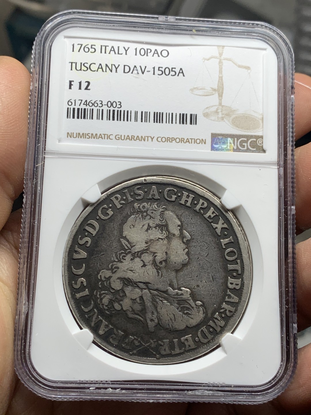 《竞宝斋》微拍-第32场-周日（全场顺丰包邮） 亚军 NGC-F12 意大利托斯卡纳 1765年 佛朗西斯科 10宝利 大银币 非常稀少版别