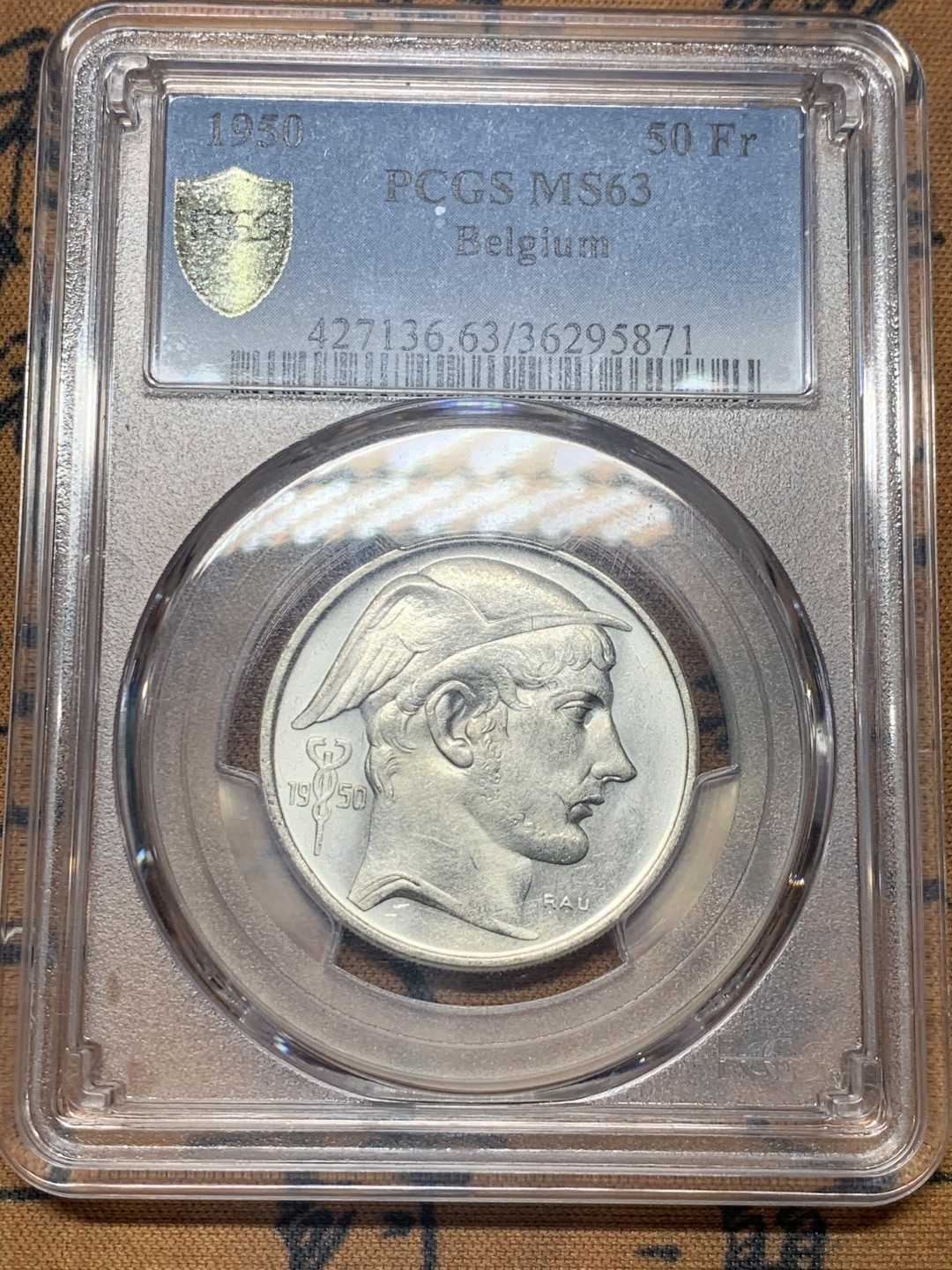 《竞宝斋》微拍-第32场-周日（全场顺丰包邮） PCGS-MS63 比利时 1950年 50法郎银币 季军分数