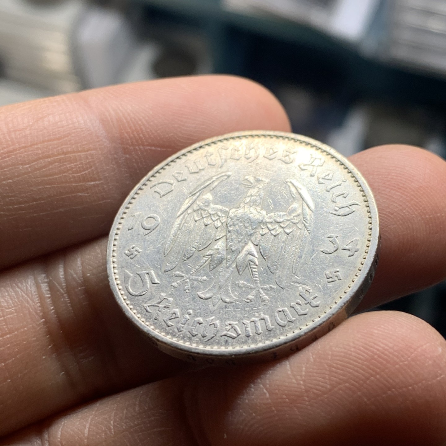 《竞宝斋》微拍-第32场-周日（全场顺丰包邮） 裸币 德国 1934年5马克  教堂有字版 银币