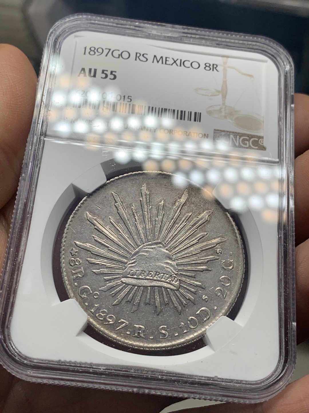 《竞宝斋》微拍-第32场-周日（全场顺丰包邮） NGC-AU55  1897 墨西哥鹰洋 8 里亚尔 瓜纳华托厂  淡淡彩光