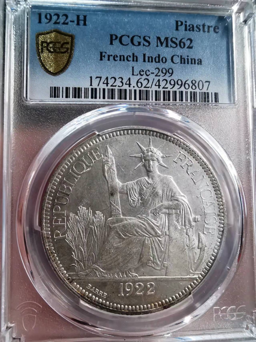 凡希社世界钱币微拍第一百八十九期 荐！1922H法属印度支那皮亚斯特大银PCGS-MS62原色银光！