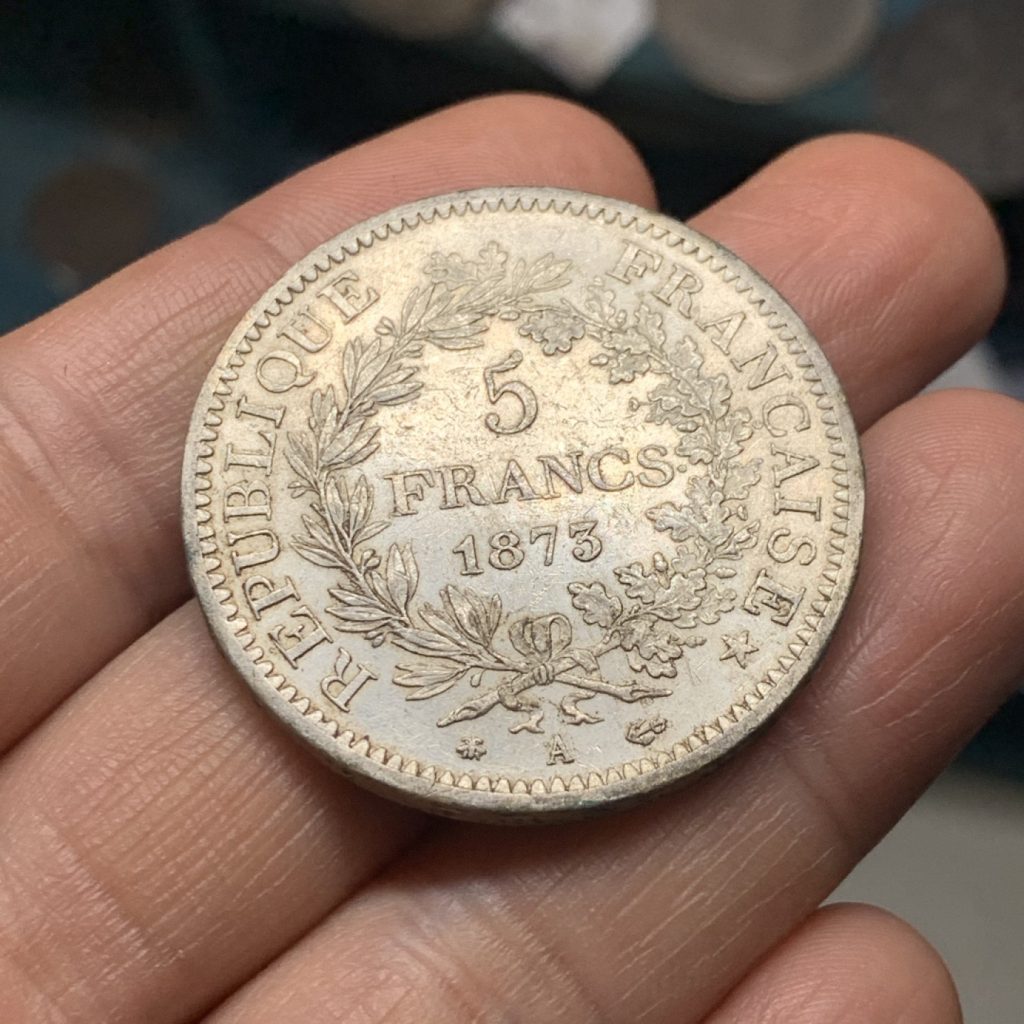 《竞宝斋》微拍-第32场-周日（全场顺丰包邮） 法国 1873年 大力神 5法郎 原光大银币 这状态可以送评