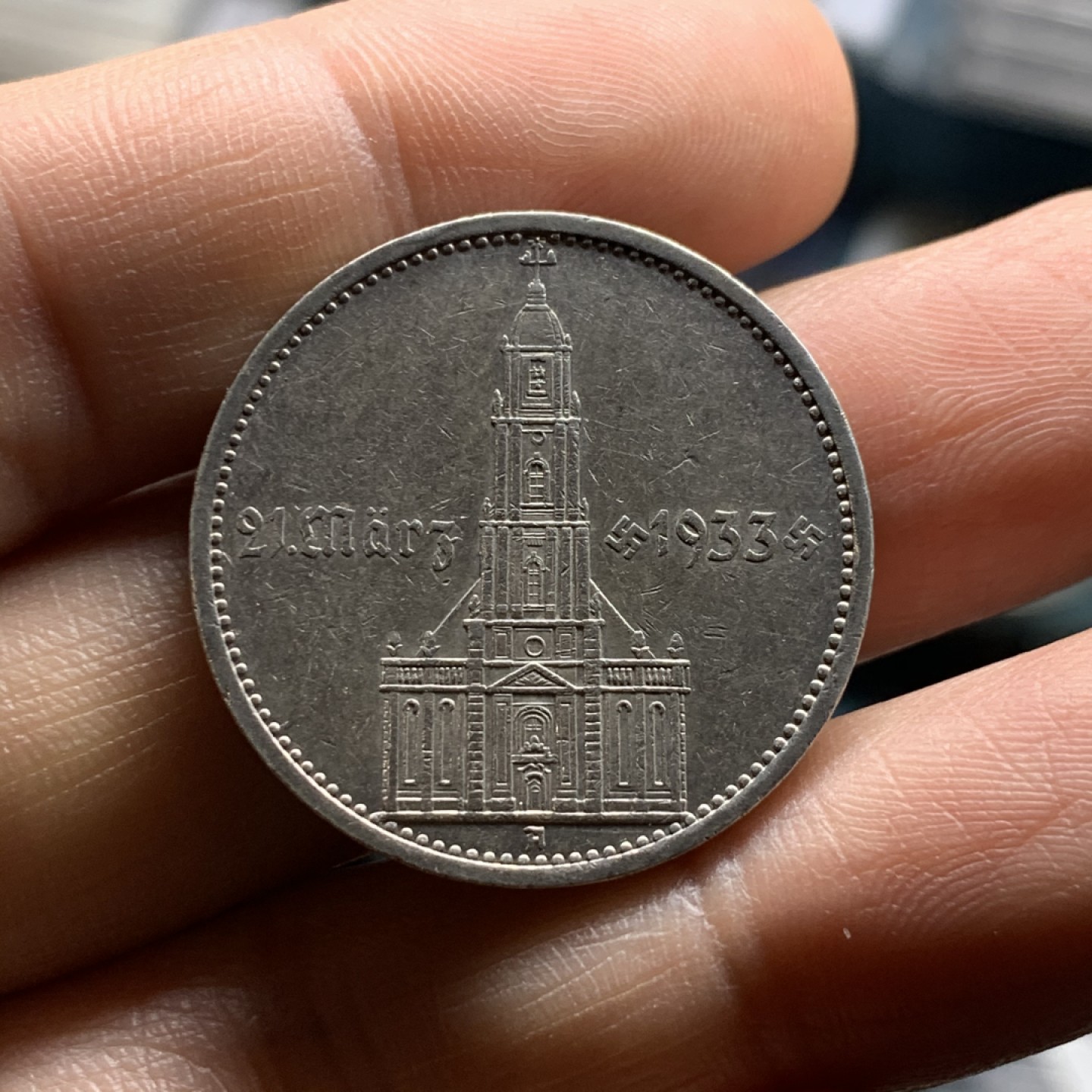 《竞宝斋》微拍-第32场-周日（全场顺丰包邮） 裸币 德国 1934年5马克  教堂有字版 银币