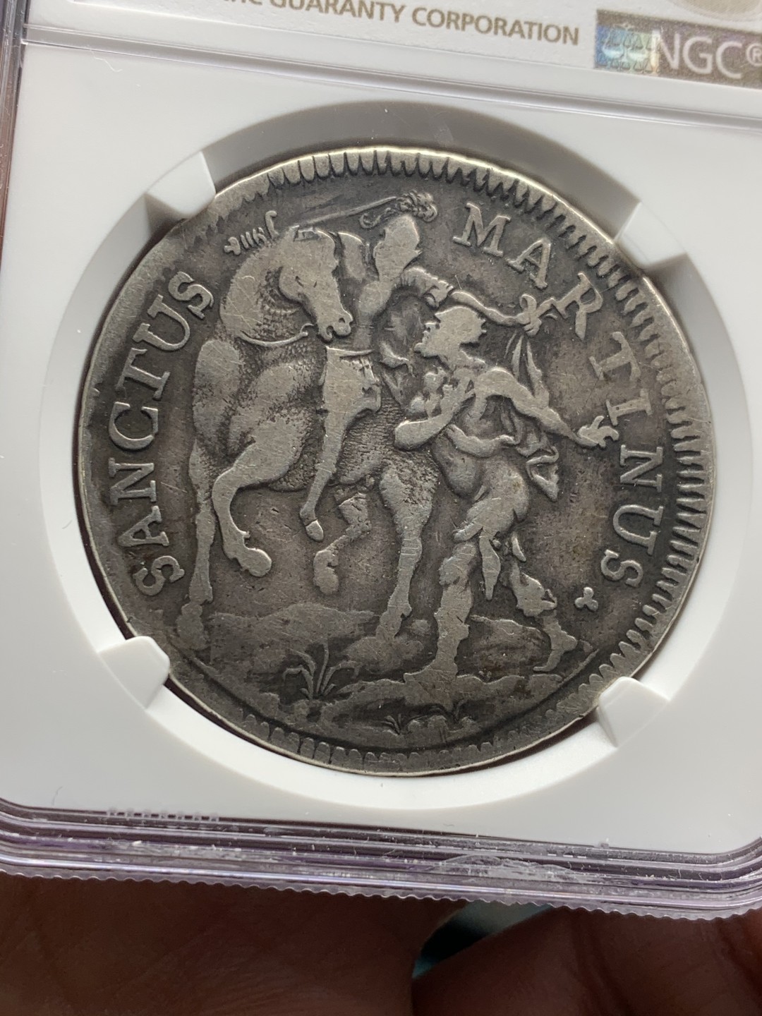 《竞宝斋》微拍-第32场-周日（全场顺丰包邮） 冠军分 NGC-VF20 意大利卢卡 1756年 持剑骑士 圣马丁 1斯库多 大银币 非常稀少的品种