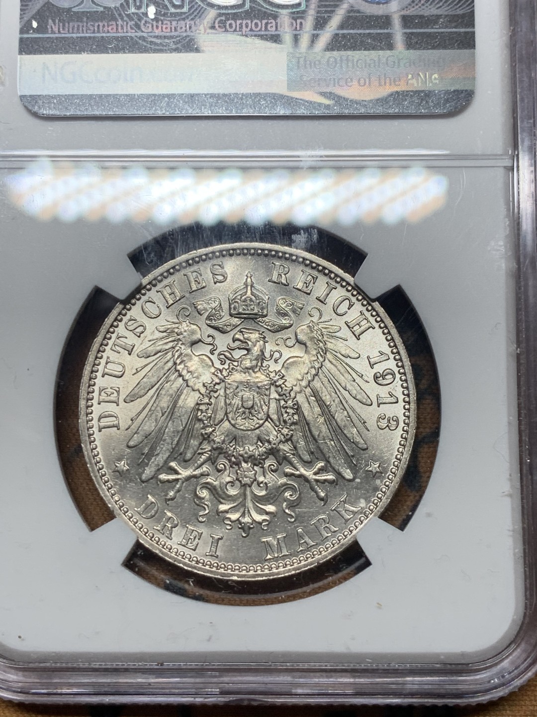 《竞宝斋》微拍-第32场-周日（全场顺丰包邮） NGC-MS62 德国萨克森 1913年 建功碑 3马克 原光好品 银币