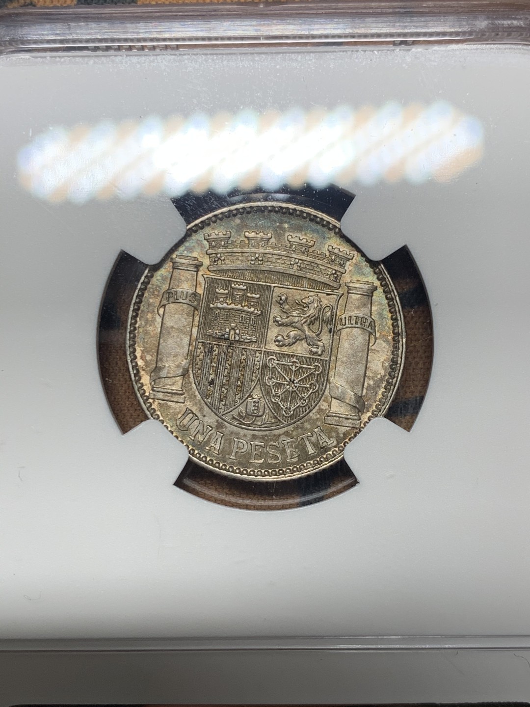 《竞宝斋》微拍-第32场-周日（全场顺丰包邮） NGC-MS62 西班牙 1933年 内战版1比塞塔 银币 原光好品 较少见的内战币