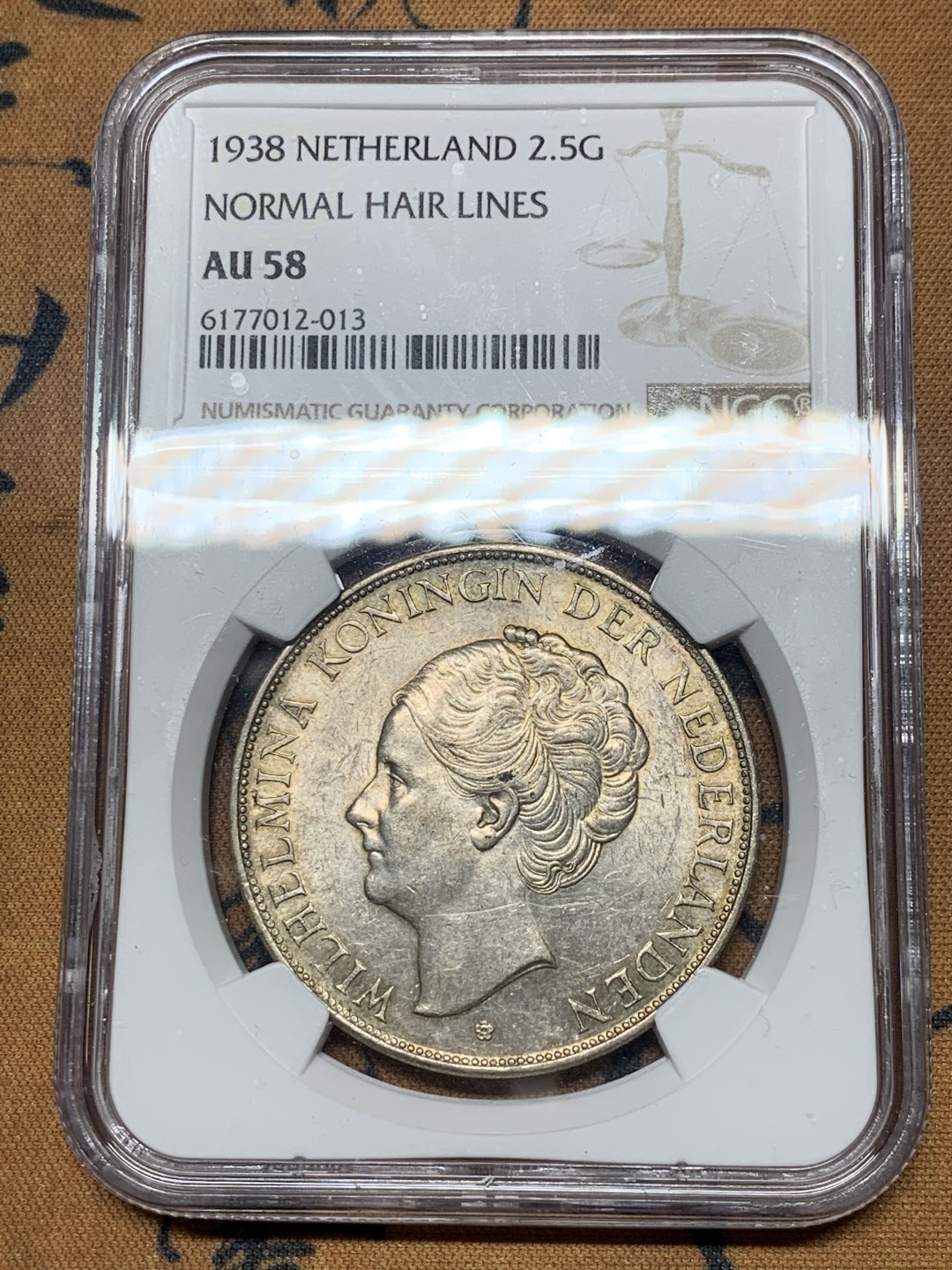 《竞宝斋》微拍-第32场-周日（全场顺丰包邮） NGC-AU58 荷兰 1938年 威廉米娜女王 2.5盾 大银币 好品原光