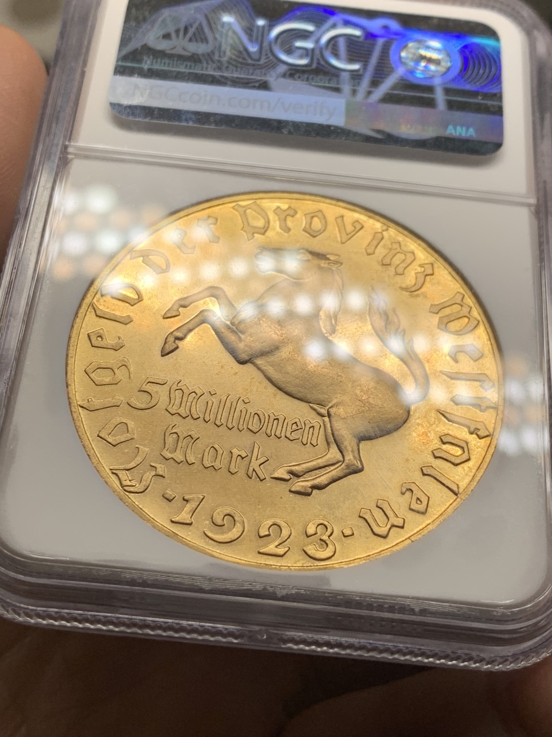 《竞宝斋》微拍-第32场-周日（全场顺丰包邮） NGC-MS62 德国魏玛共和国 1923年 五百万马克 大马币 铜制 较少见面值