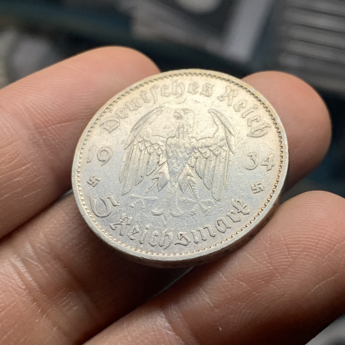 《竞宝斋》微拍-第32场-周日（全场顺丰包邮） 裸币 德国 1934年5马克  教堂无字版 银币