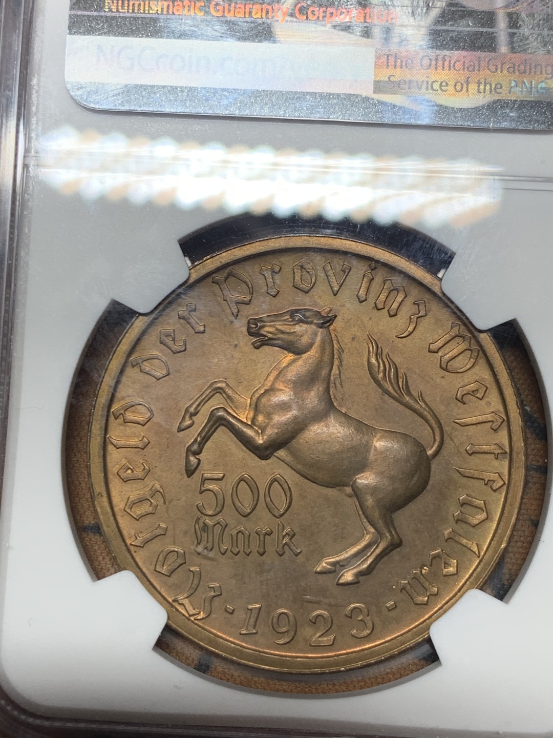 《竞宝斋》微拍-第32场-周日（全场顺丰包邮） NGC-MS64 德国魏玛共和国 1923年 女人头 500马克 铜币 稀少品种 只有五枚更高分