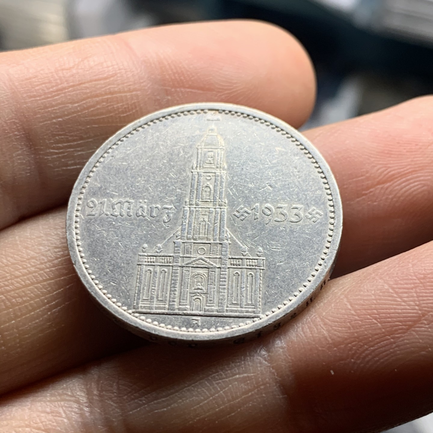 《竞宝斋》微拍-第32场-周日（全场顺丰包邮） 裸币 德国 1934年5马克  教堂有字版 银币