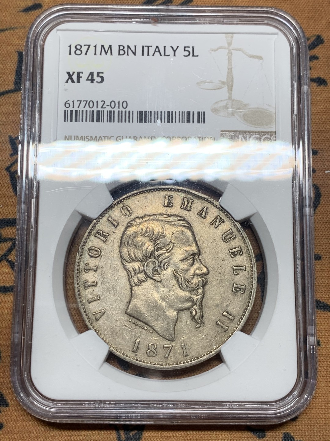 《竞宝斋》微拍-第32场-周日（全场顺丰包邮） NGC-XF45 意大利 1871年 艾曼纽尔二世 5里拉 大银币 原味老包浆