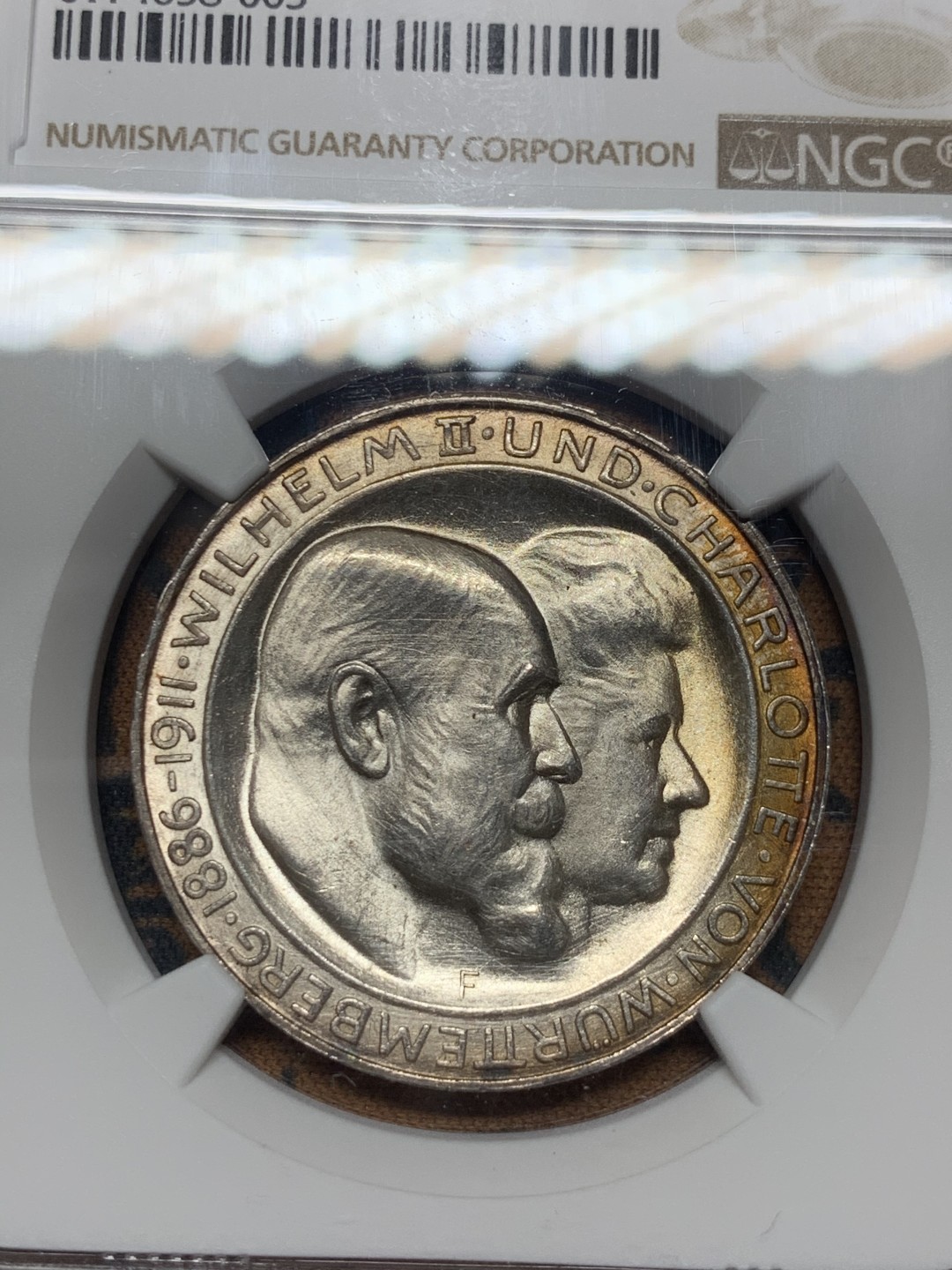《竞宝斋》微拍-第32场-周日（全场顺丰包邮） NGC-MS64 德国符腾堡 1911年 银婚 3马克 银币 金色顶级包浆