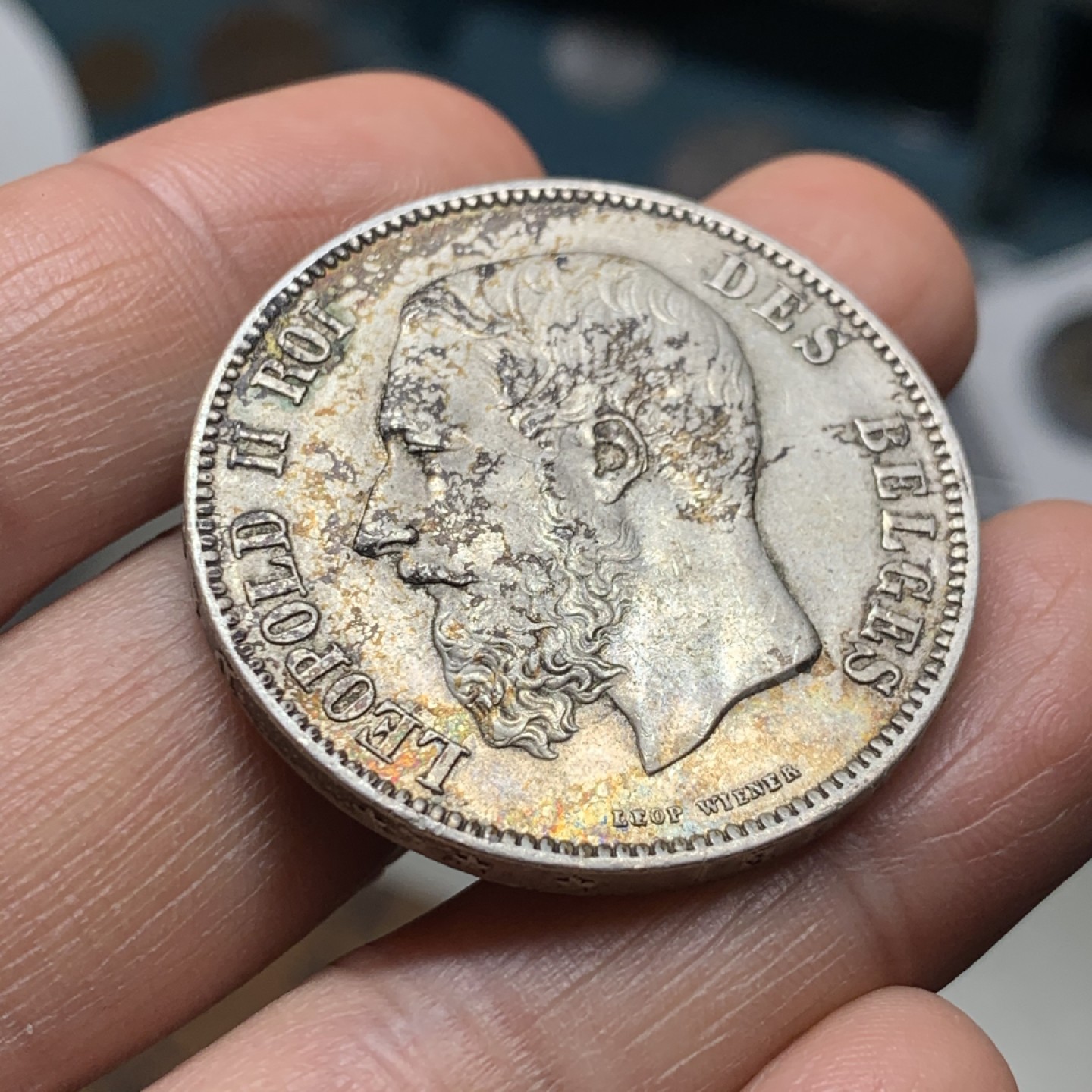 《竞宝斋》微拍-第32场-周日（全场顺丰包邮） 比利时 1873年 利奥波德二世 5法郎 淡彩底光 好品大银币 可以收藏