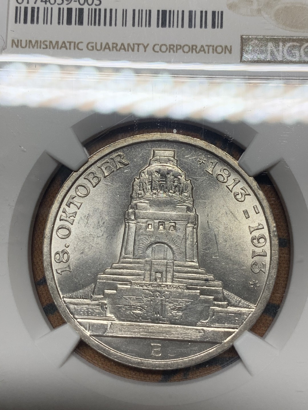 《竞宝斋》微拍-第32场-周日（全场顺丰包邮） NGC-MS62 德国萨克森 1913年 建功碑 3马克 原光好品 银币