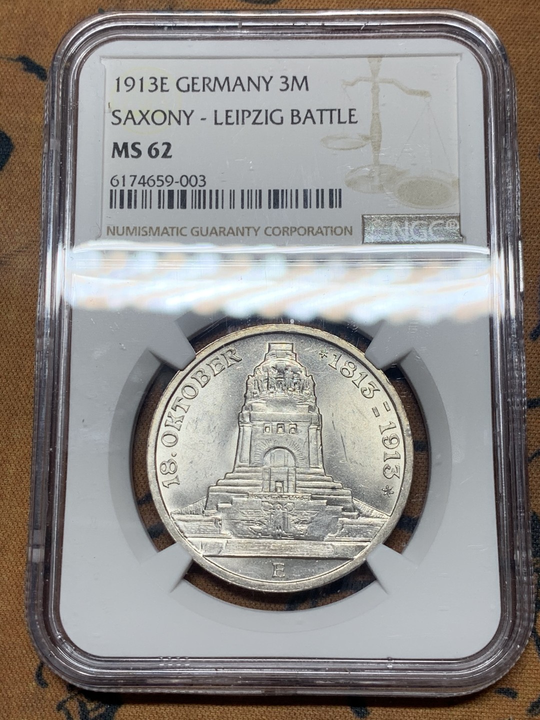 《竞宝斋》微拍-第32场-周日（全场顺丰包邮） NGC-MS62 德国萨克森 1913年 建功碑 3马克 原光好品 银币