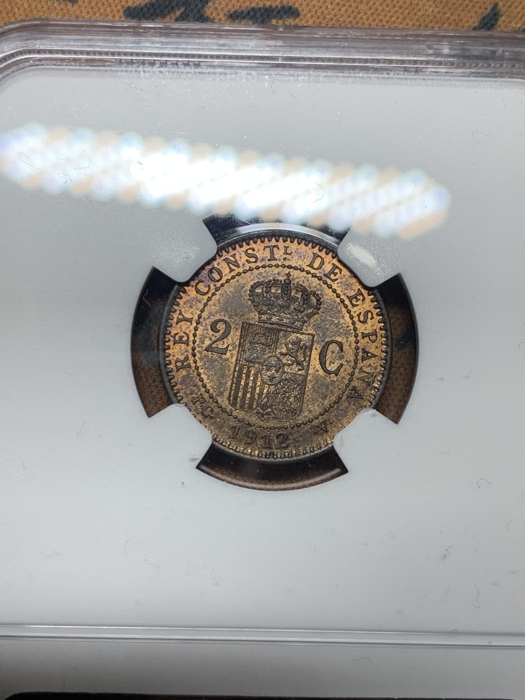 《竞宝斋》微拍-第32场-周日（全场顺丰包邮） NGC-MS63 西班牙 1912年 阿方索十三世 2分 铜币 好品高分辅币可以收藏