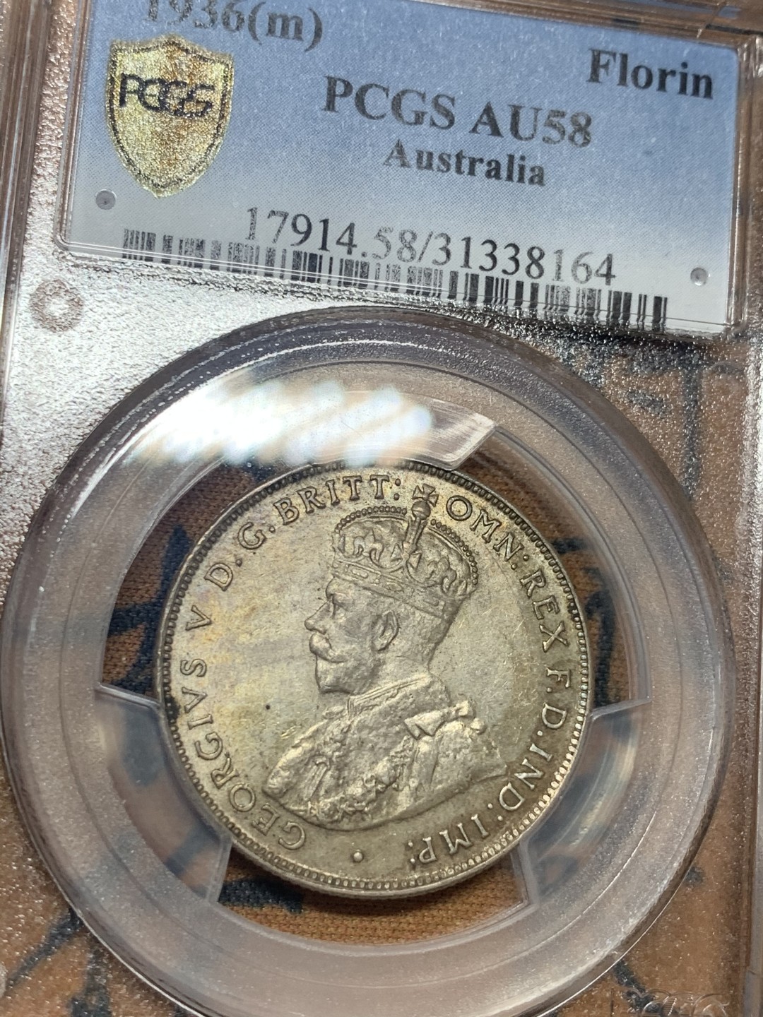 《竞宝斋》微拍-第32场-周日（全场顺丰包邮） PCGS-AU58 澳大利亚 1936年 乔治五世 弗罗林 五彩原光低评