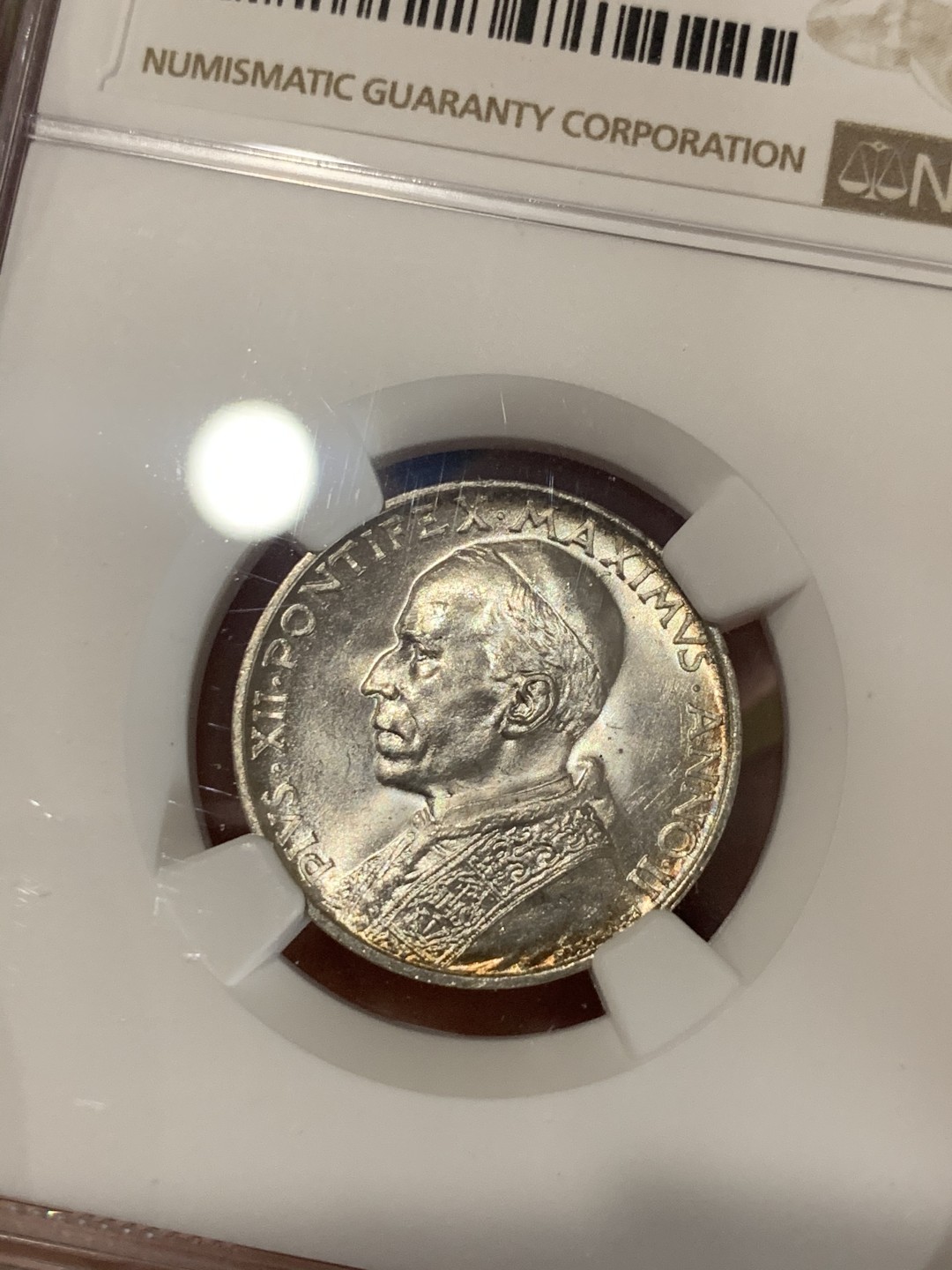 《竞宝斋》微拍-第32场-周日（全场顺丰包邮） NGC-MS63 梵蒂冈 1940年 教皇小船 5里拉 原光好品 银币