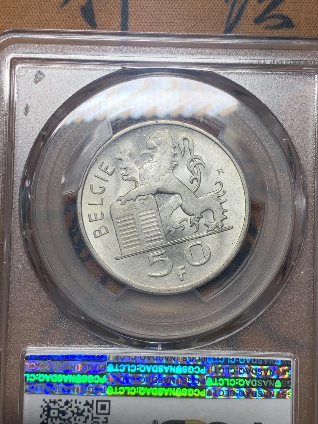 《竞宝斋》微拍-第32场-周日（全场顺丰包邮） PCGS-MS63 比利时 1950年 50法郎银币 季军分数