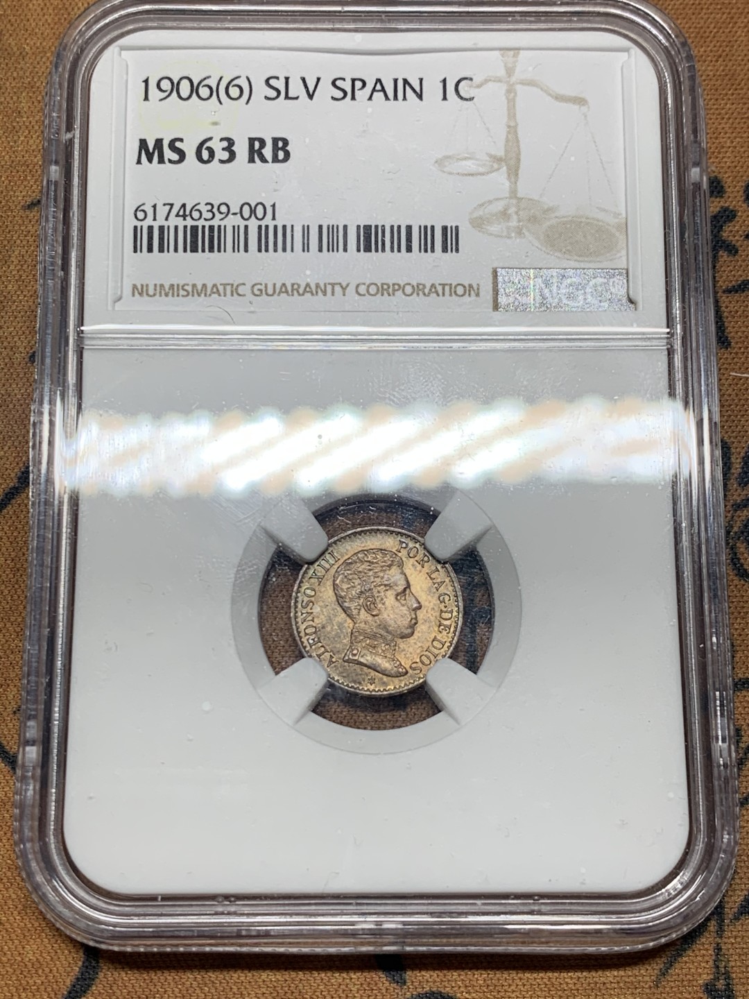 《竞宝斋》微拍-第32场-周日（全场顺丰包邮） NGC-MS63 西班牙 1906年 阿方索十三世 1分 铜币 少见高分