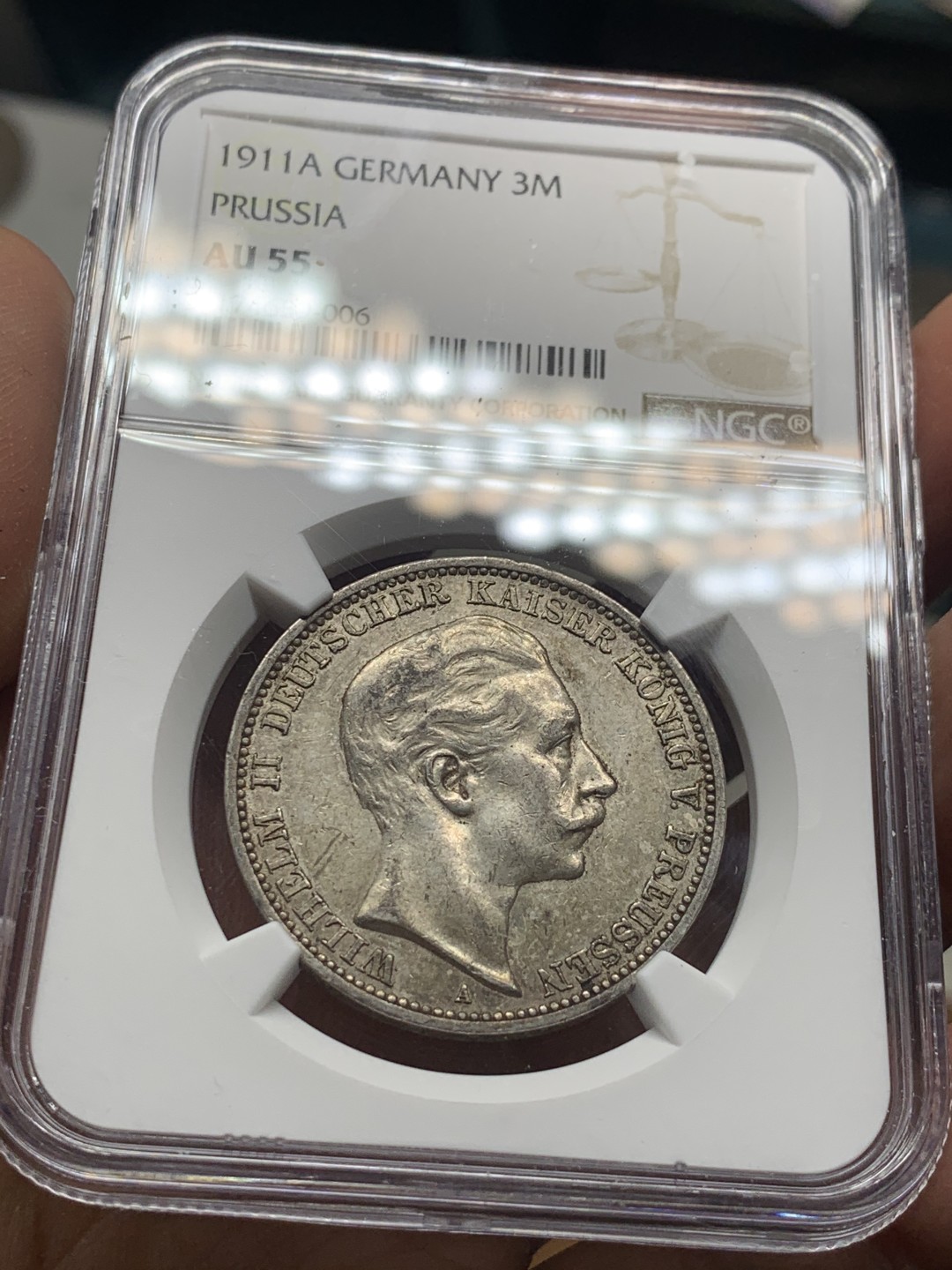 《竞宝斋》微拍-第32场-周日（全场顺丰包邮） NGC-AU55 德国普鲁士 1911年 威廉二世 3马克 美品老包浆 银币