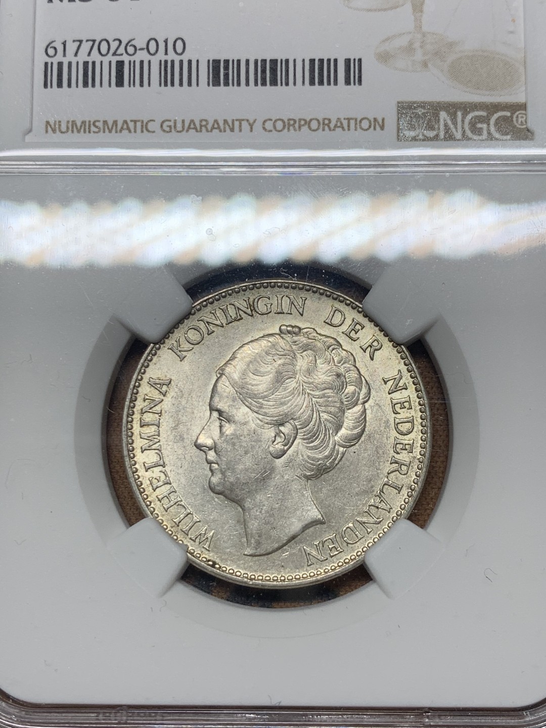 《竞宝斋》微拍-第32场-周日（全场顺丰包邮） NGC-MS61 荷兰 1939年 威廉米娜女王 1盾 原光好品银币
