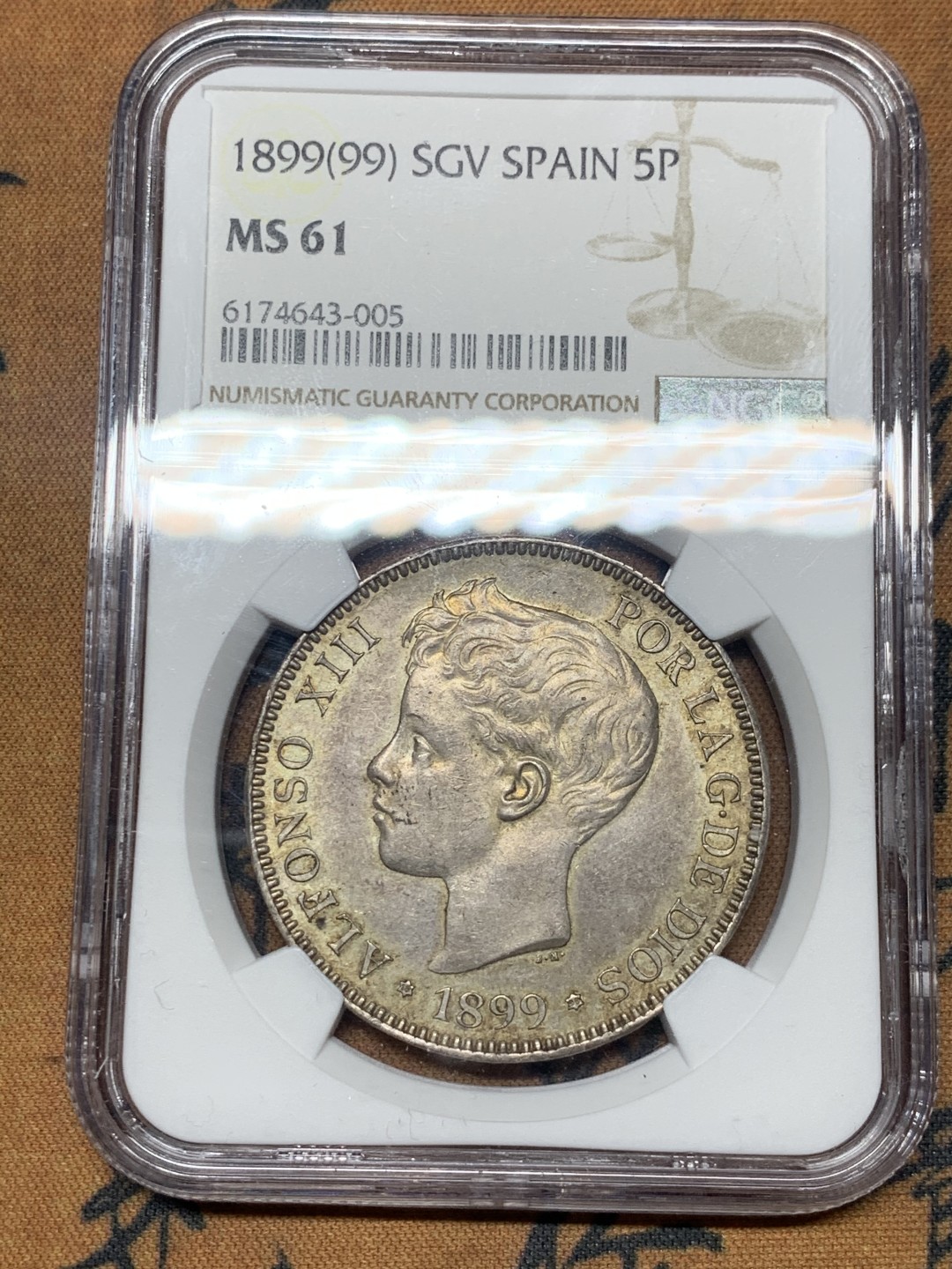 《竞宝斋》微拍-第32场-周日（全场顺丰包邮） NGC-MS61 西班牙 1899年 阿方索十三世 5比塞塔 双柱大银币 好品带彩