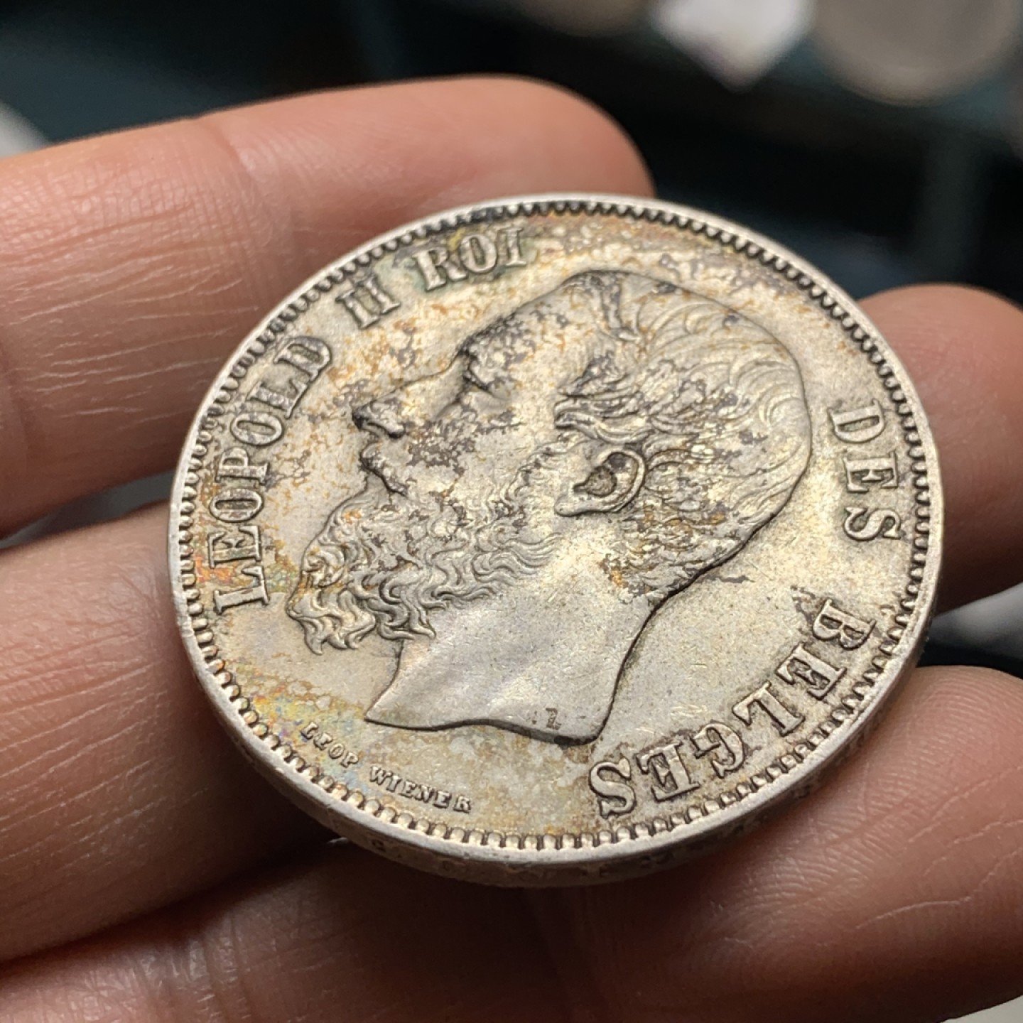 《竞宝斋》微拍-第32场-周日（全场顺丰包邮） 比利时 1873年 利奥波德二世 5法郎 淡彩底光 好品大银币 可以收藏