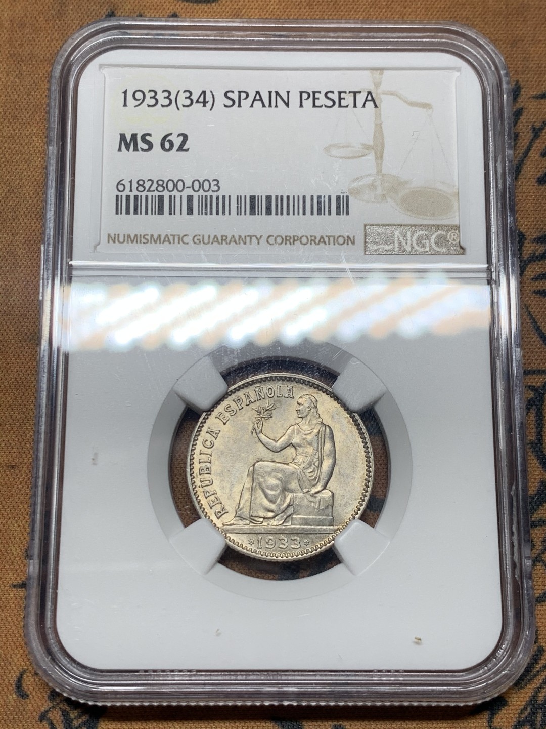 《竞宝斋》微拍-第32场-周日（全场顺丰包邮） NGC-MS62 西班牙 1933年 内战版1比塞塔 银币 原光好品 较少见的内战币