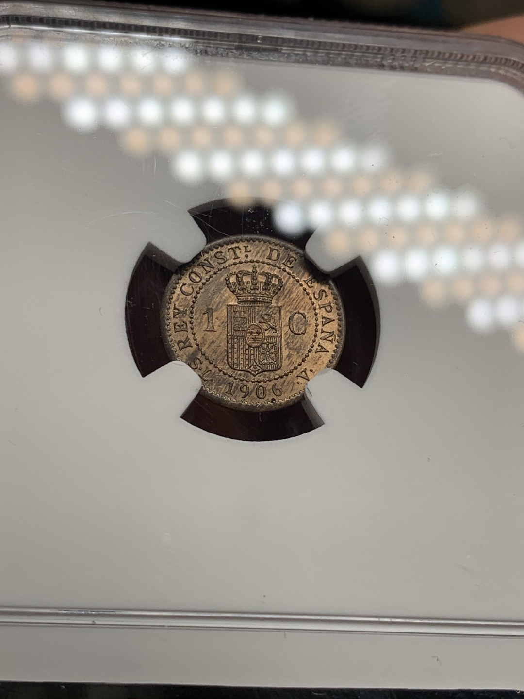 《竞宝斋》微拍-第32场-周日（全场顺丰包邮） NGC-MS63 西班牙 1906年 阿方索十三世 1分 铜币 少见高分