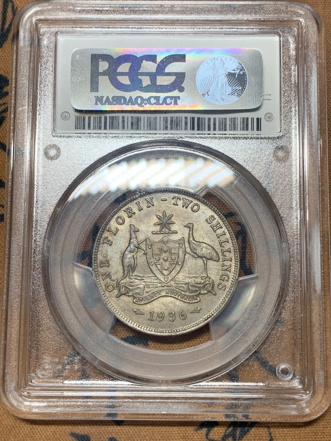 《竞宝斋》微拍-第32场-周日（全场顺丰包邮） PCGS-AU58 澳大利亚 1936年 乔治五世 弗罗林 五彩原光低评