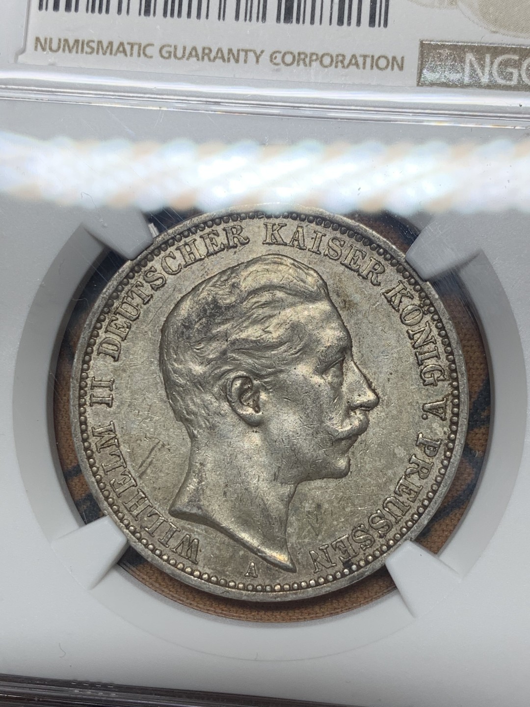 《竞宝斋》微拍-第32场-周日（全场顺丰包邮） NGC-AU55 德国普鲁士 1911年 威廉二世 3马克 美品老包浆 银币