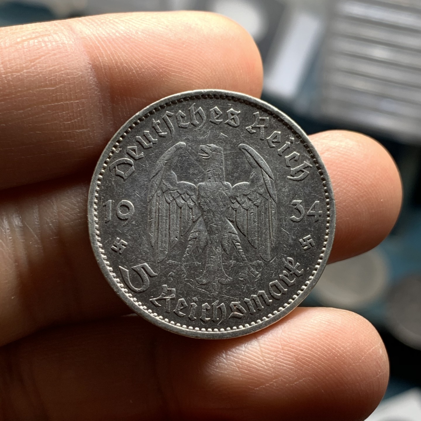 《竞宝斋》微拍-第32场-周日（全场顺丰包邮） 裸币 德国 1934年5马克  教堂无字版 银币