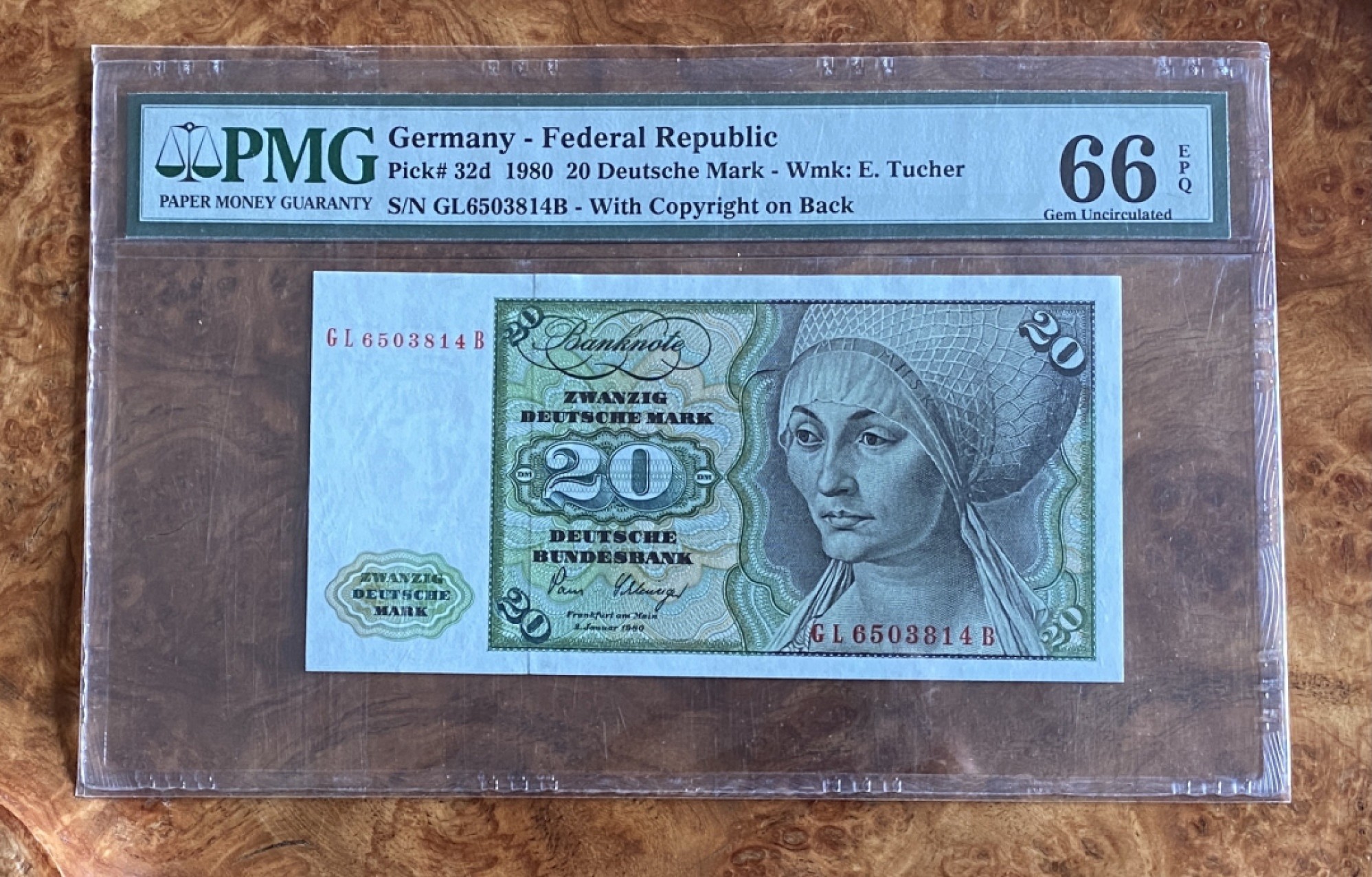 得物拍卖 Chase Auction  第2期 - -世界纸币精粹（二） 1980年德国20马克，PMG66分！德国画家丢勒的作品《埃尔斯贝特·图切的画像》！