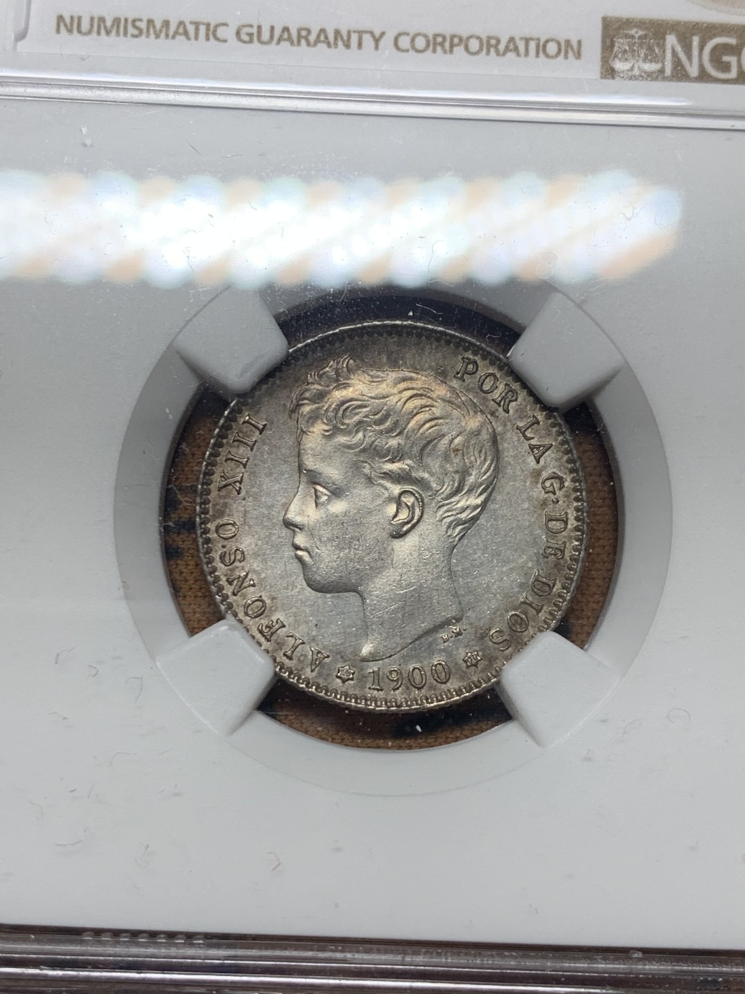 《竞宝斋》微拍-第32场-周日（全场顺丰包邮） NGC-UNC 西班牙 1900年 阿方索十三世 1比塞塔 银币 原味带光好品 居然没给分