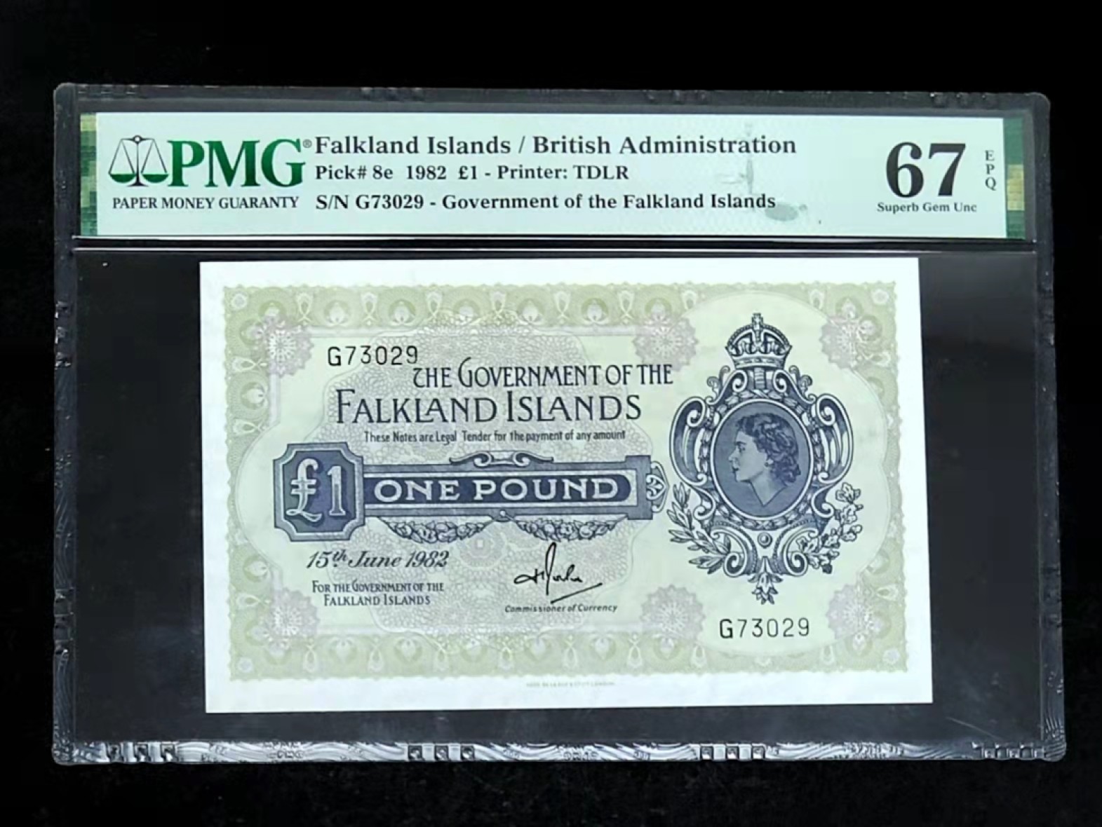 圣域骑士团 | 虎年新春上元节 专场 第二期（2022002期） 1982年 福克兰群岛 1镑 P8e PMG67分 无4号码 96岁的伊丽莎白II世女王