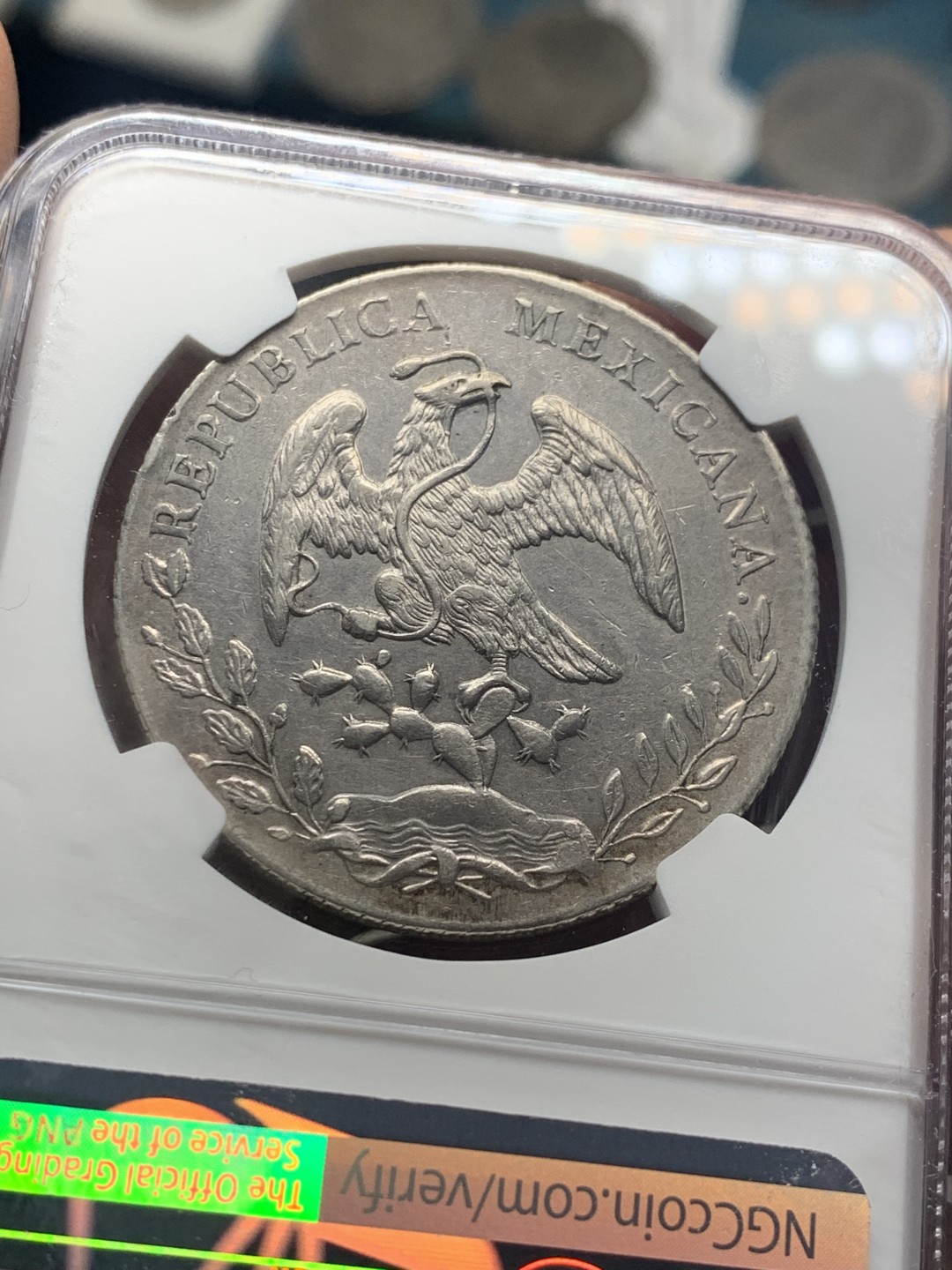 《竞宝斋》微拍-第32场-周日（全场顺丰包邮） NGC-AU55  1897 墨西哥鹰洋 8 里亚尔 瓜纳华托厂  淡淡彩光