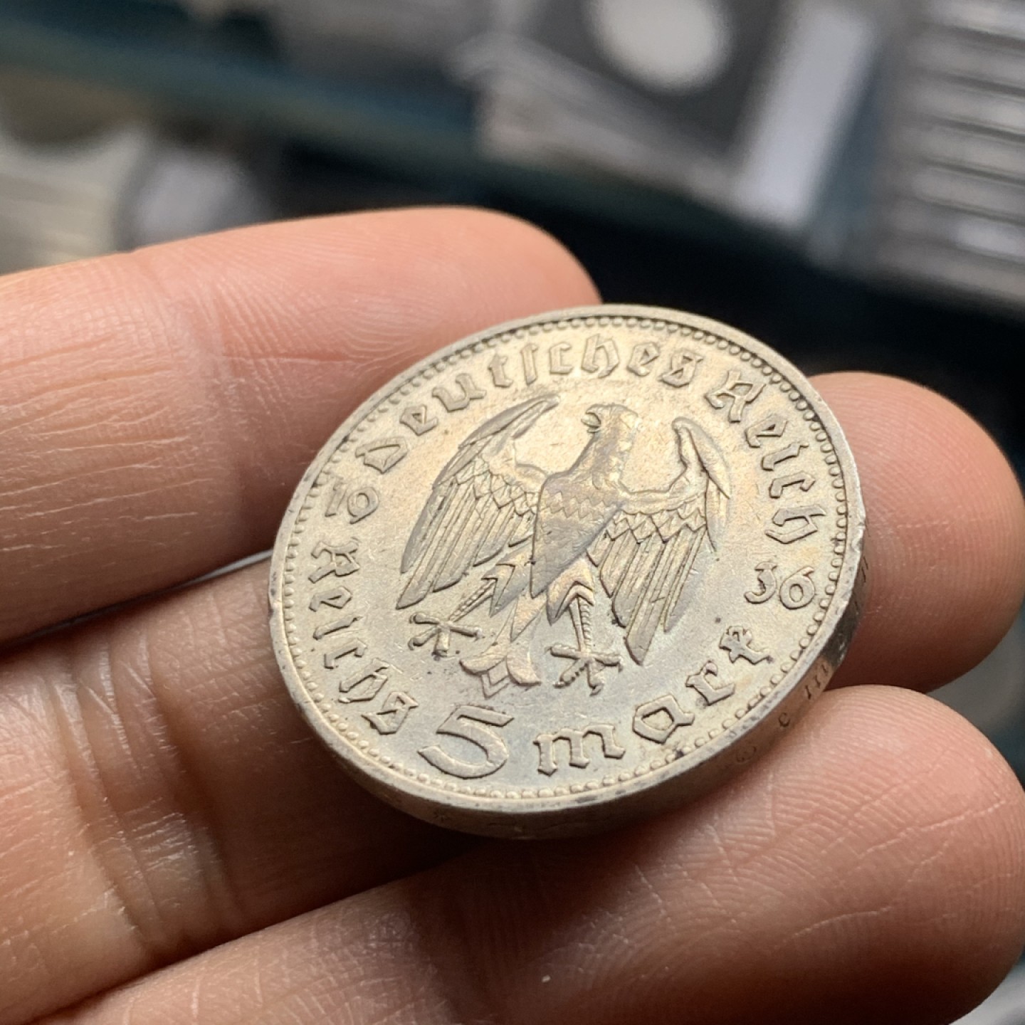 《竞宝斋》微拍-第32场-周日（全场顺丰包邮） 裸币 德国 1936年5马克  兴登堡头像 银币