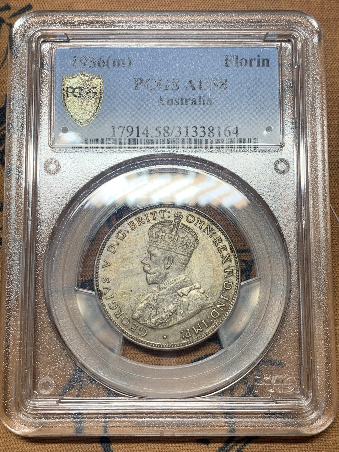 《竞宝斋》微拍-第32场-周日（全场顺丰包邮） PCGS-AU58 澳大利亚 1936年 乔治五世 弗罗林 五彩原光低评